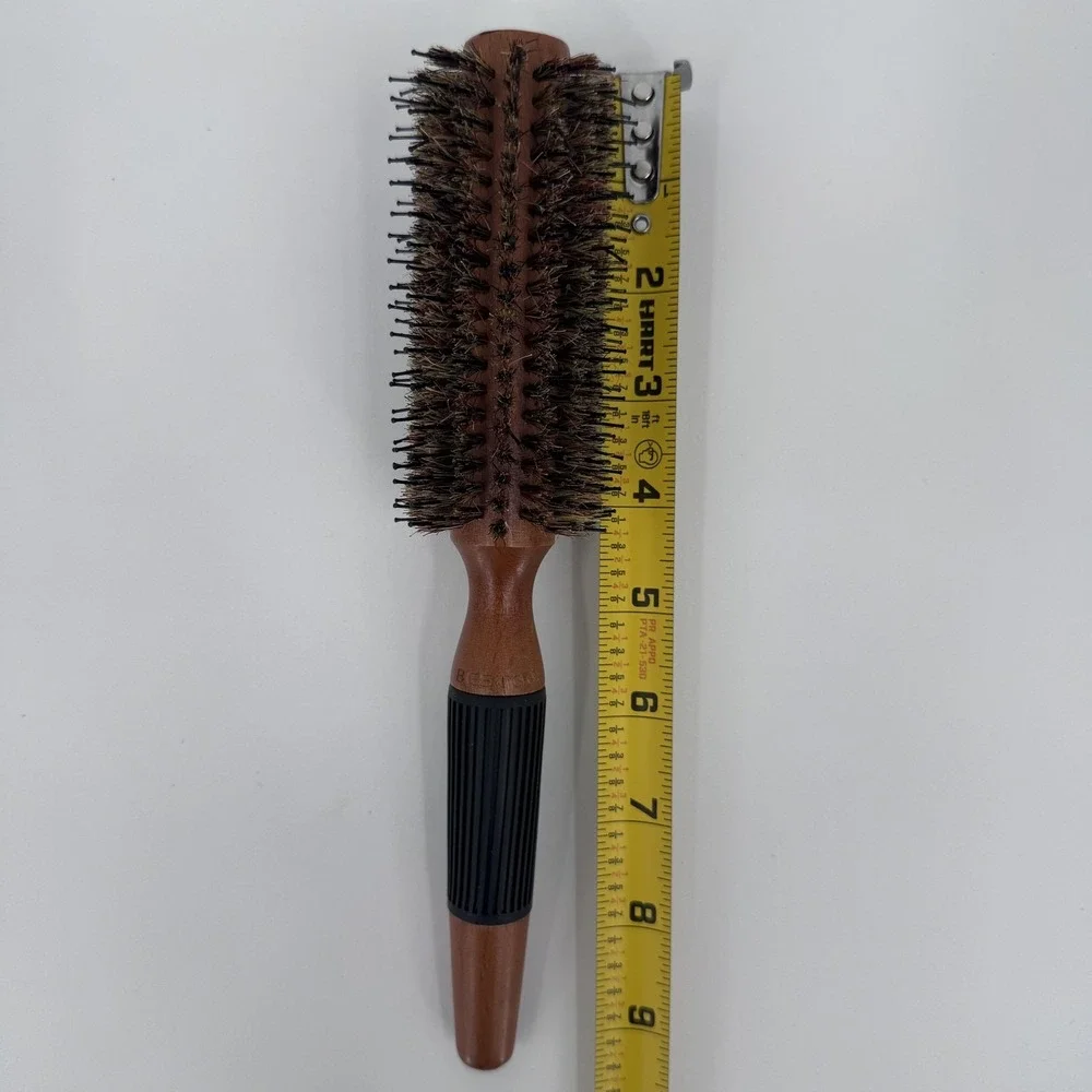 BESTOOL Round Hair Brush Brown Wood Handle Nylon Bristle Rubber Grip 9 In Style